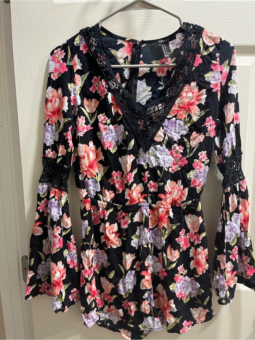 Forever 21 Black Floral Lace Trim Romper with Pink & Lavender Blooms